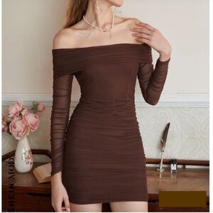 Shirred Brown Long Sleeve Bodycon Mini Dress XS